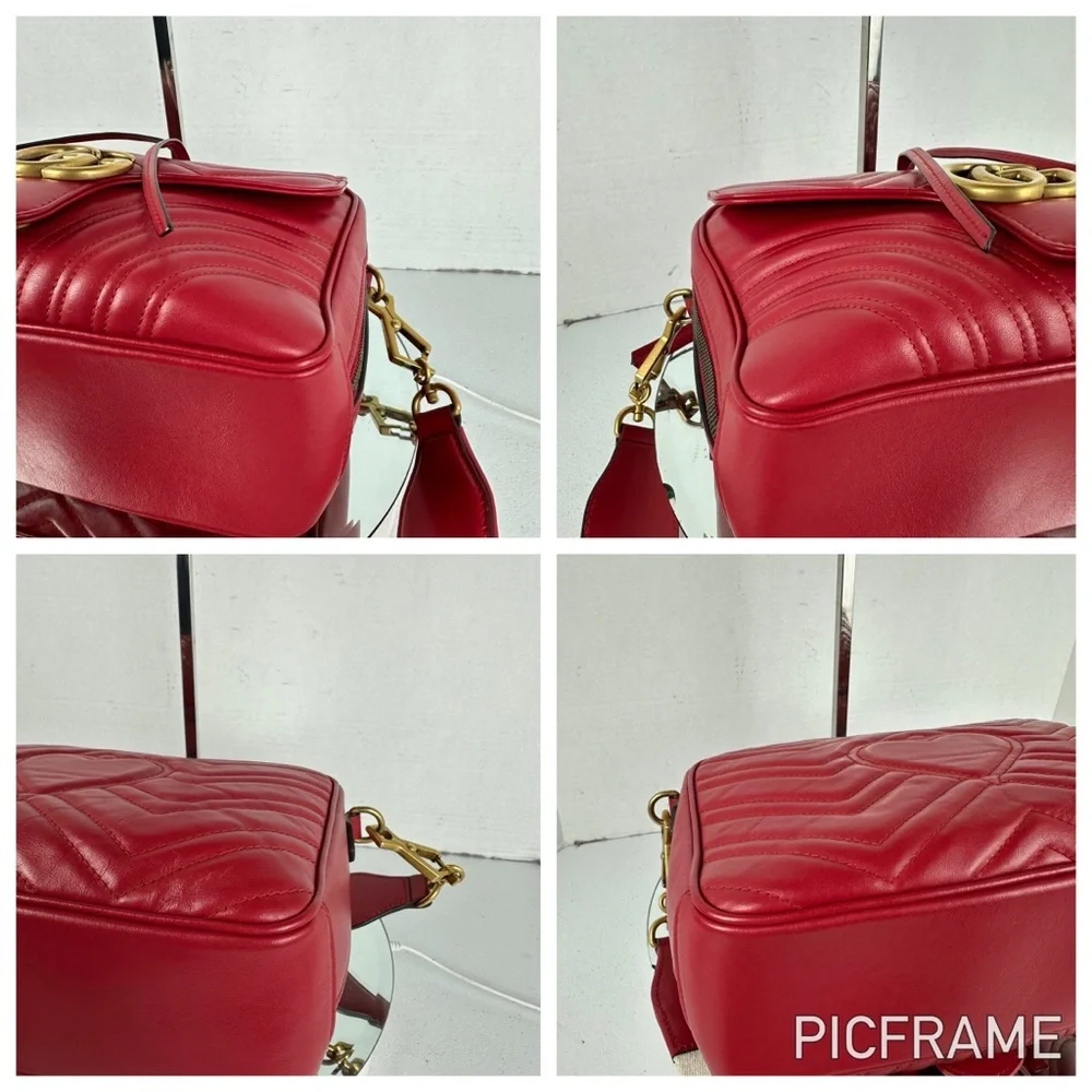 Gucci Red Quilted GG Marmont Crossbody Bag,  Leather And Guitar Straps